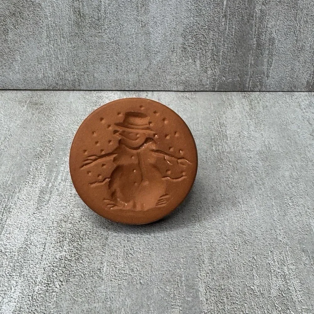 Vintage Ceramic Terracotta Brown Glaze Cookie Press Stamp Snowman 2